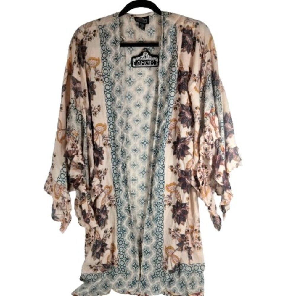 NWT Angie Floral Open Front Kimono Duster Bell Sleeve Medium Boho Hippie Beachy